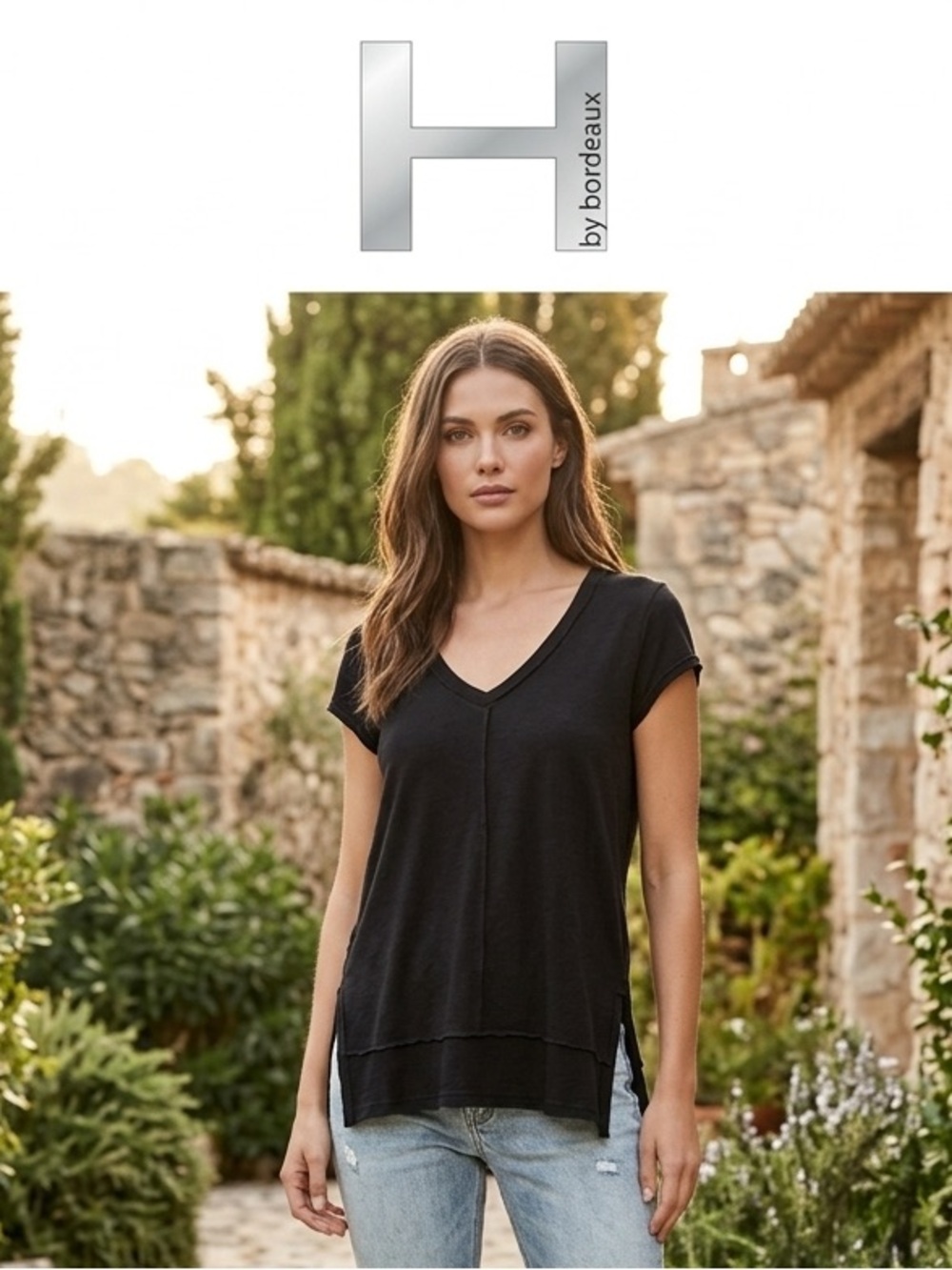 H by bordeaux Black V-Neck Relaxed Short Sleeve Tee